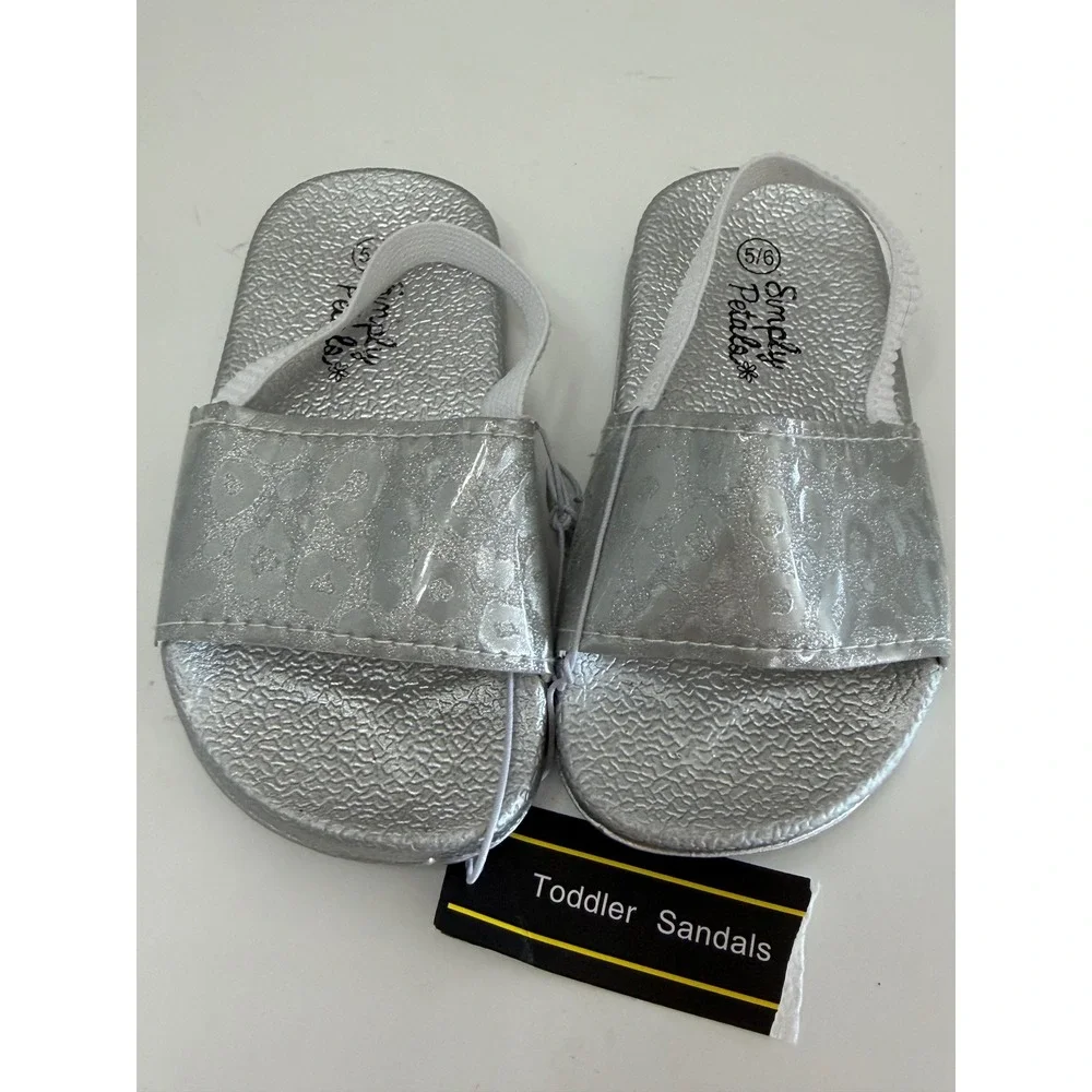 Simply Petals Toddler Sandals Silver Metallic Leopard Print Elastic Strap 5/6T